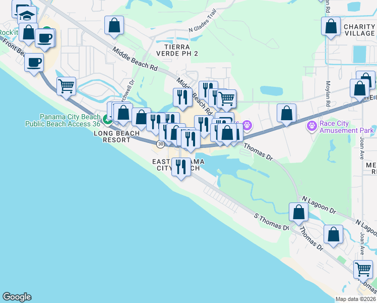 map of restaurants, bars, coffee shops, grocery stores, and more near 9851 South Thomas Drive in Panama City