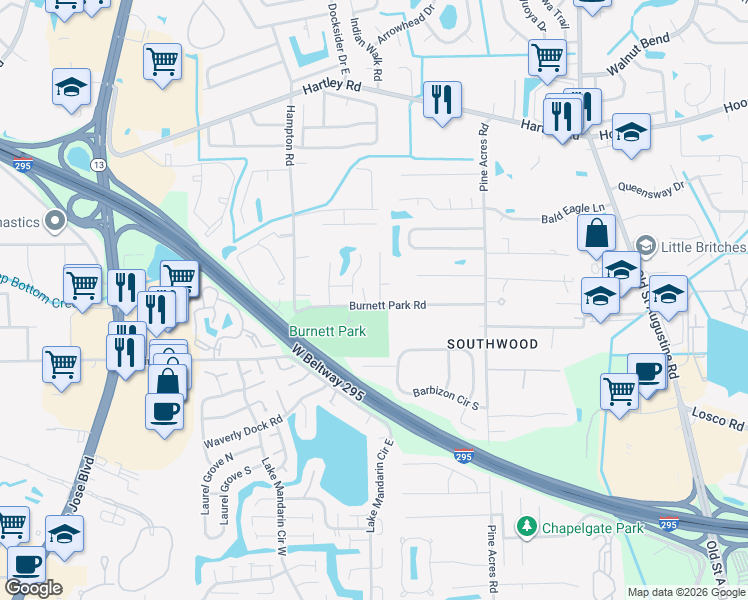map of restaurants, bars, coffee shops, grocery stores, and more near 10898 Birchard Lane in Jacksonville