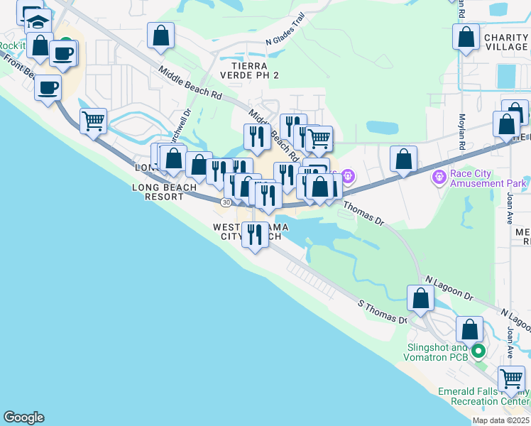 map of restaurants, bars, coffee shops, grocery stores, and more near 9902 South Thomas Drive in Panama City Beach