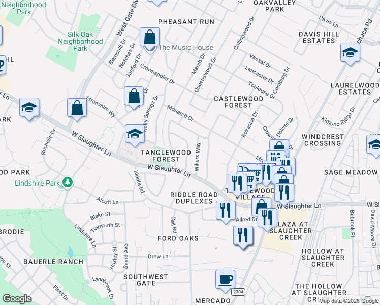 map of restaurants, bars, coffee shops, grocery stores, and more near 9901 Willers Way in Austin