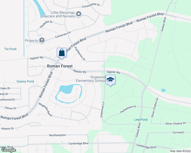map of restaurants, bars, coffee shops, grocery stores, and more near 618 Magnolia Bend in Roman Forest