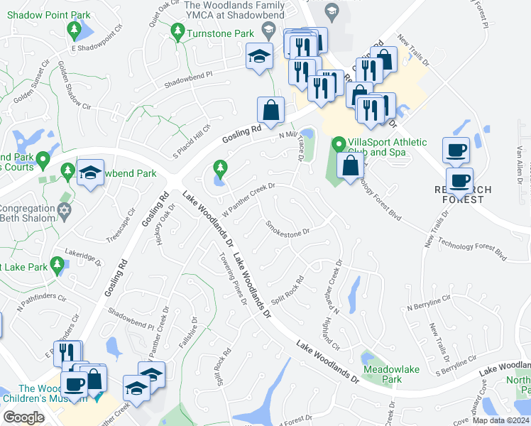 map of restaurants, bars, coffee shops, grocery stores, and more near 19 Smokestone Drive in Spring