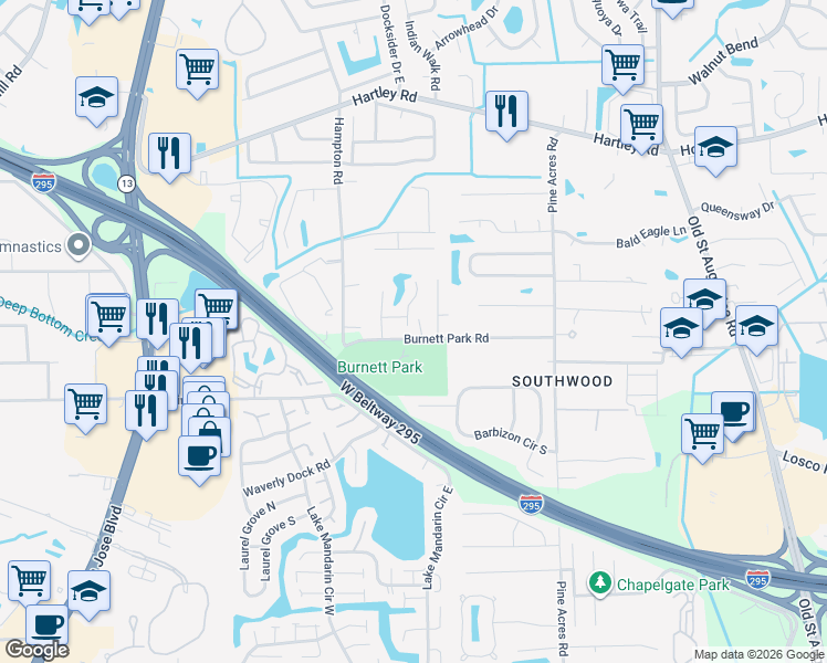 map of restaurants, bars, coffee shops, grocery stores, and more near 3740 Burnett Park Road in Jacksonville