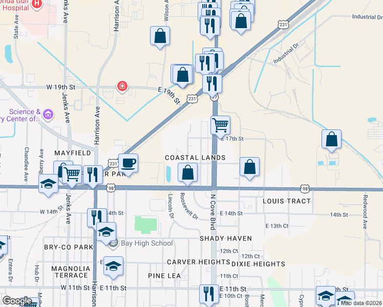 map of restaurants, bars, coffee shops, grocery stores, and more near 603-649 East 16th Street in Panama City