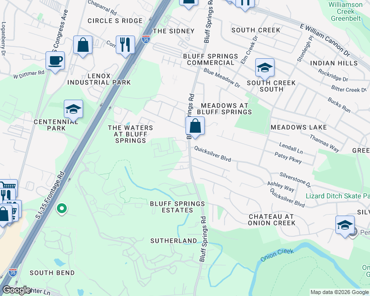 map of restaurants, bars, coffee shops, grocery stores, and more near 7500 Bluff Springs Road in Austin