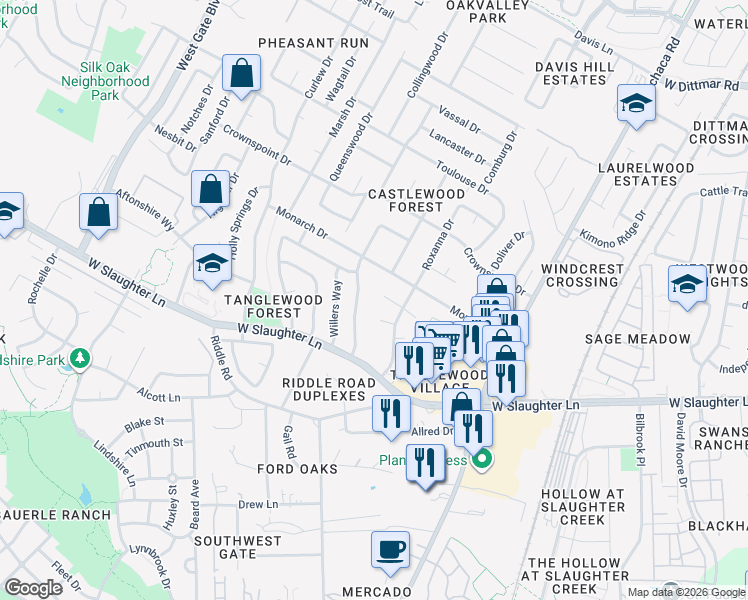 map of restaurants, bars, coffee shops, grocery stores, and more near 2308 Cedrick Cove in Austin