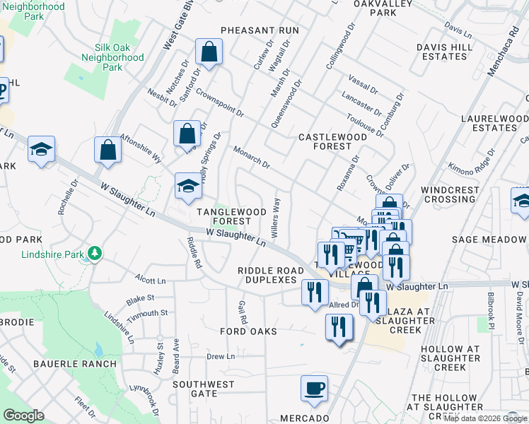 map of restaurants, bars, coffee shops, grocery stores, and more near 9901 Willers Way in Austin
