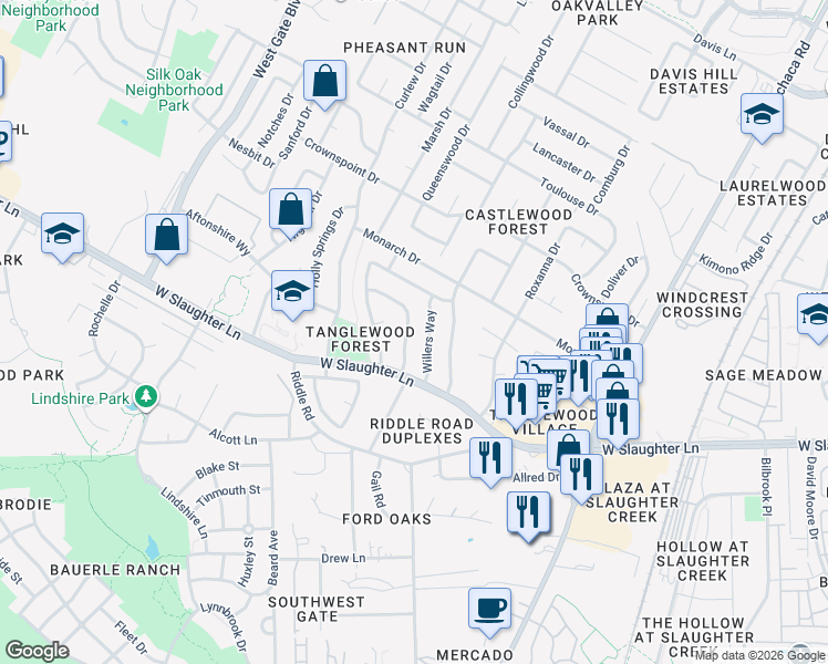 map of restaurants, bars, coffee shops, grocery stores, and more near 9901 Willers Way in Austin