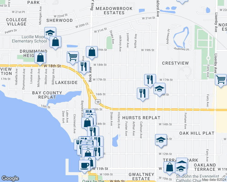 map of restaurants, bars, coffee shops, grocery stores, and more near 1602 Drake Avenue in Panama City