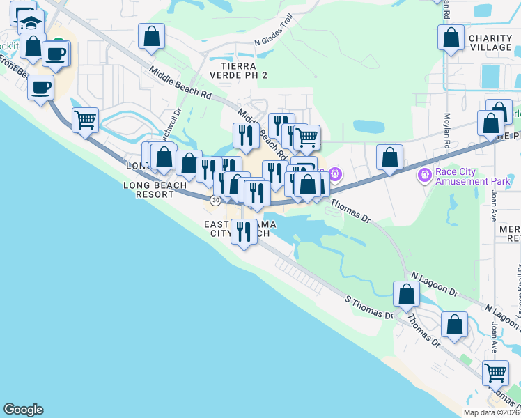 map of restaurants, bars, coffee shops, grocery stores, and more near 9851 South Thomas Drive in Panama City