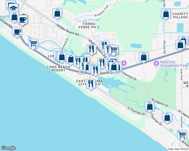 map of restaurants, bars, coffee shops, grocery stores, and more near 9902 South Thomas Drive in Panama City Beach