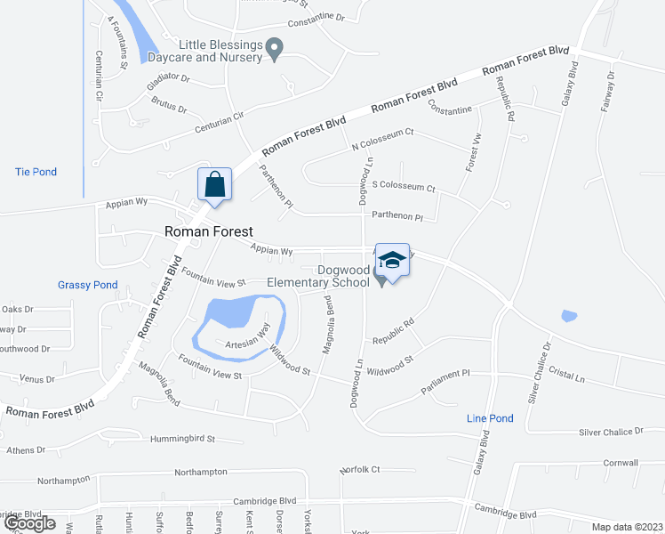 map of restaurants, bars, coffee shops, grocery stores, and more near 622 Magnolia Bend in Roman Forest