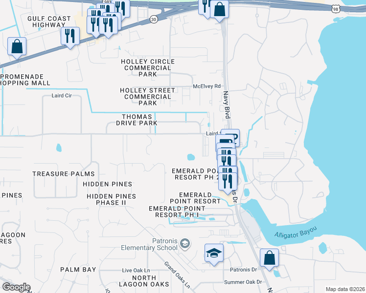 map of restaurants, bars, coffee shops, grocery stores, and more near 7325 Laird Street in Panama City Beach