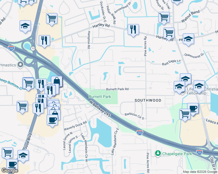 map of restaurants, bars, coffee shops, grocery stores, and more near 3740 Burnett Park Road in Jacksonville