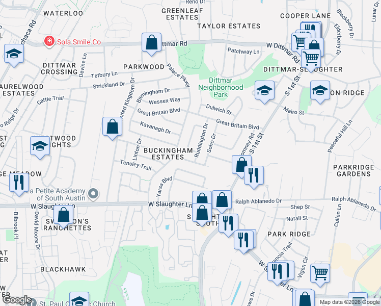 map of restaurants, bars, coffee shops, grocery stores, and more near 731 Minturn Lane in Austin