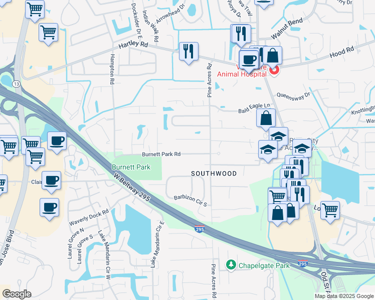 map of restaurants, bars, coffee shops, grocery stores, and more near 3887 Burnett Park Road in Jacksonville