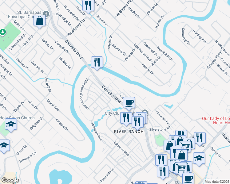 map of restaurants, bars, coffee shops, grocery stores, and more near 1000-1042 Camellia Boulevard in Lafayette