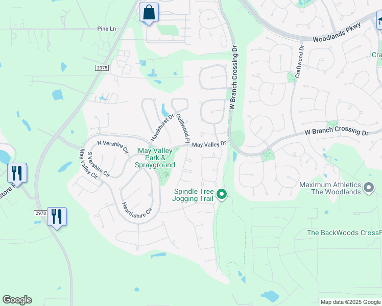 map of restaurants, bars, coffee shops, grocery stores, and more near 54 West Spindle Tree Circle in Spring