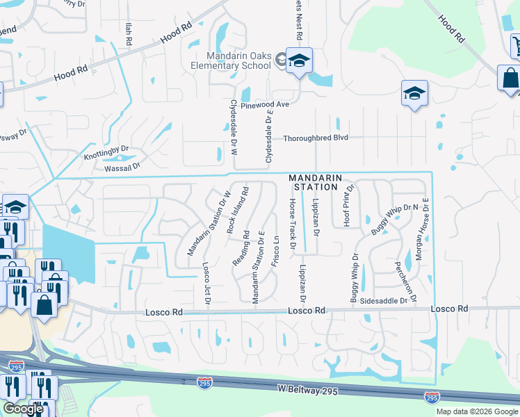 map of restaurants, bars, coffee shops, grocery stores, and more near 10953 Reading Road in Jacksonville