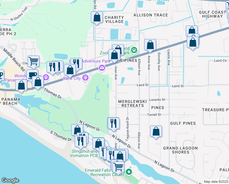 map of restaurants, bars, coffee shops, grocery stores, and more near 2312 Joan Avenue in Panama City Beach