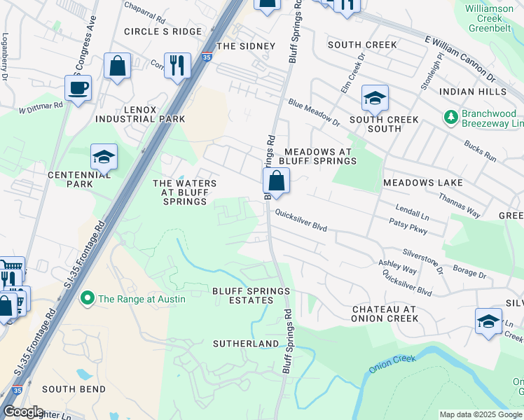 map of restaurants, bars, coffee shops, grocery stores, and more near 7500 Bluff Springs Road in Austin