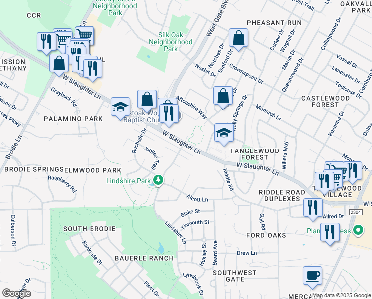 map of restaurants, bars, coffee shops, grocery stores, and more near 2809 Jadewood Court in Austin