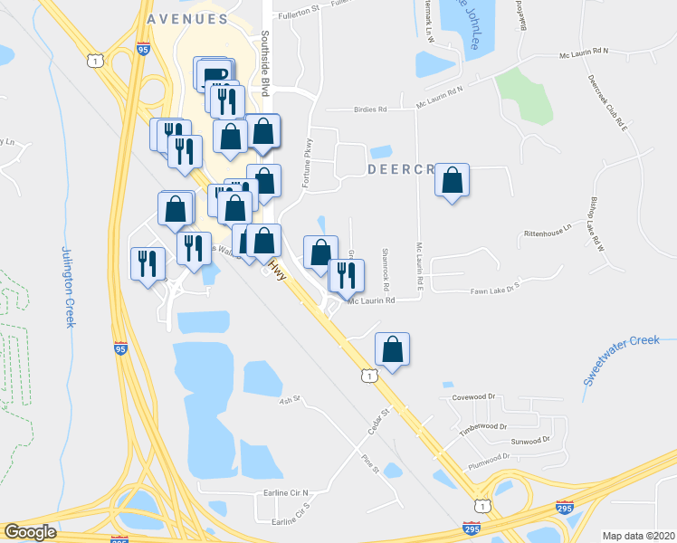 map of restaurants, bars, coffee shops, grocery stores, and more near 10558 Greenville Road in Jacksonville