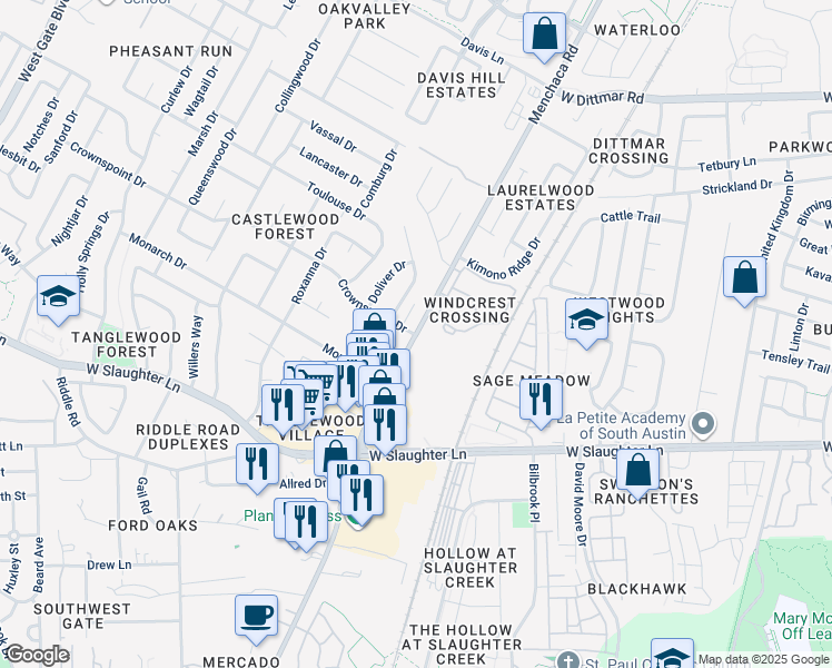 map of restaurants, bars, coffee shops, grocery stores, and more near 9424 Manchaca Road in Austin
