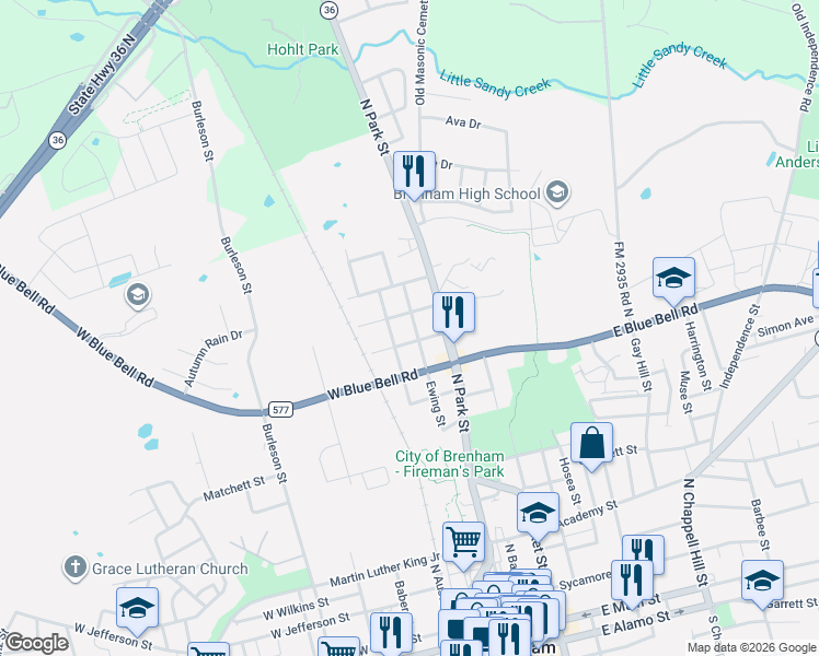 map of restaurants, bars, coffee shops, grocery stores, and more near 1111 Ewing Street in Brenham
