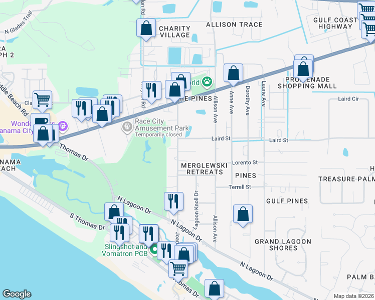 map of restaurants, bars, coffee shops, grocery stores, and more near 2312 Joan Avenue in Panama City Beach