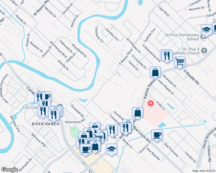map of restaurants, bars, coffee shops, grocery stores, and more near 1405 E Bayou Pkwy in Lafayette