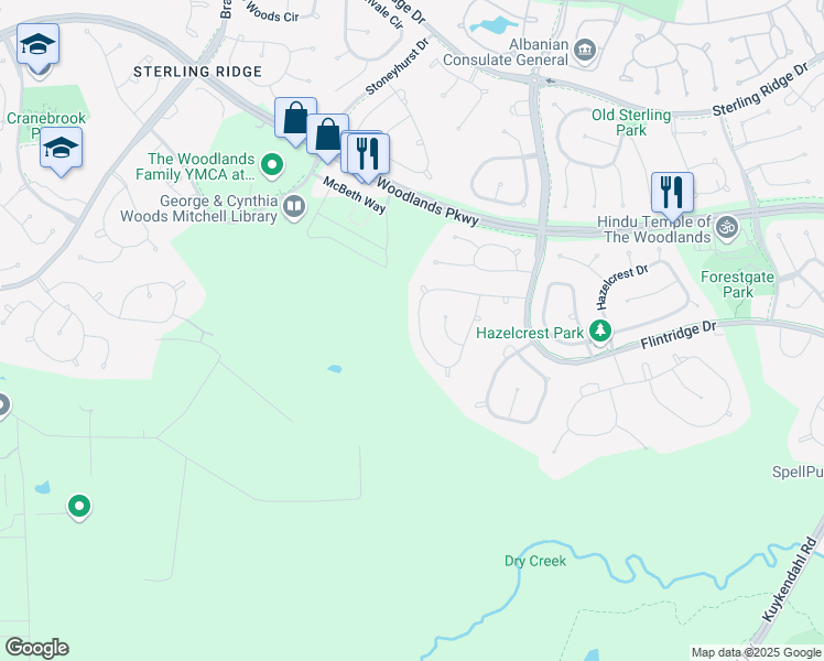 map of restaurants, bars, coffee shops, grocery stores, and more near 102 West Lansdowne Circle in Spring
