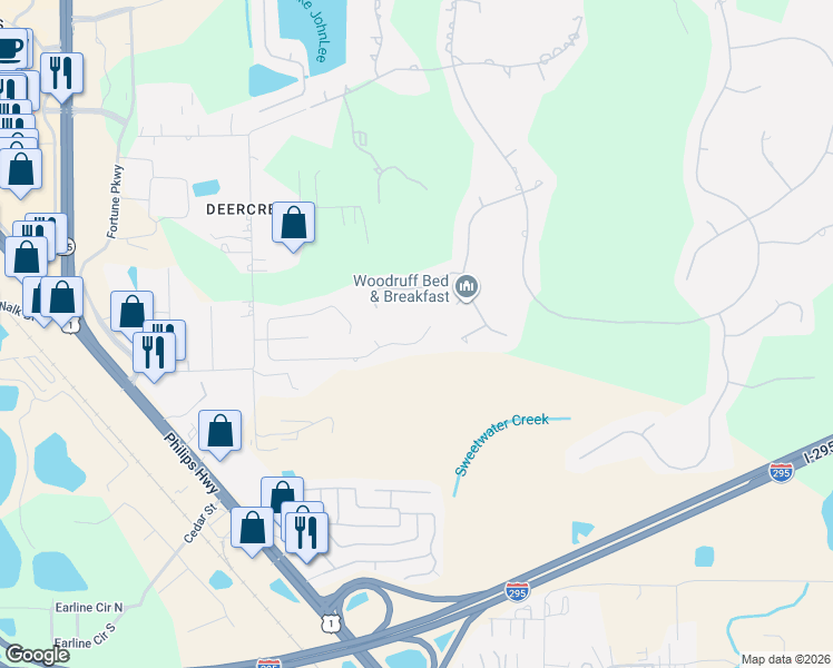 map of restaurants, bars, coffee shops, grocery stores, and more near 7698 Fawn Lake Drive South in Jacksonville