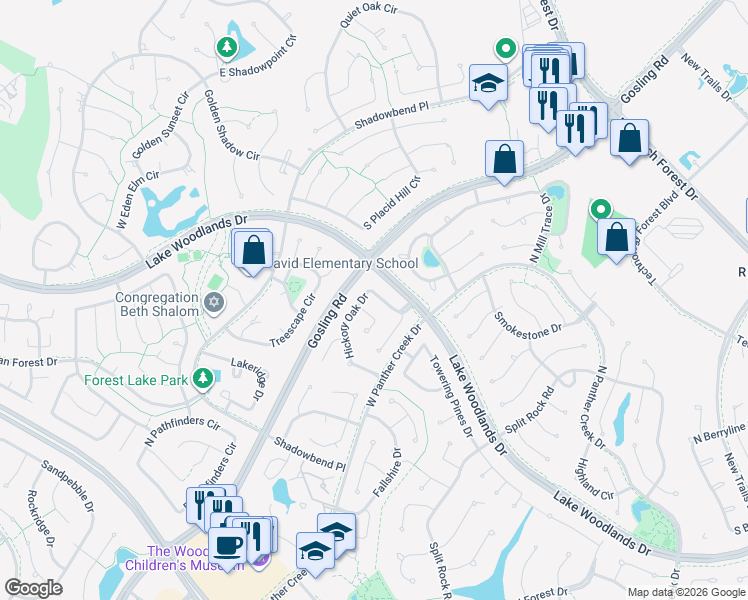 map of restaurants, bars, coffee shops, grocery stores, and more near 11 Meadow Star Court in Spring