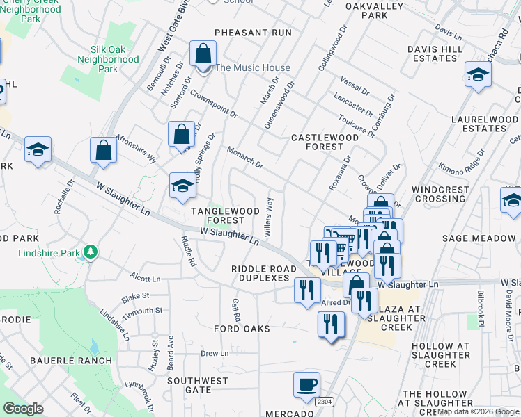 map of restaurants, bars, coffee shops, grocery stores, and more near 9901 Willers Way in Austin