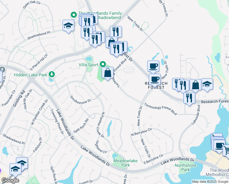 map of restaurants, bars, coffee shops, grocery stores, and more near 4001 Technology Forest Boulevard in The Woodlands