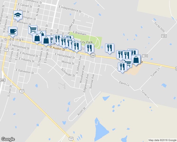 map of restaurants, bars, coffee shops, grocery stores, and more near 272 Edgewood Avenue in Giddings
