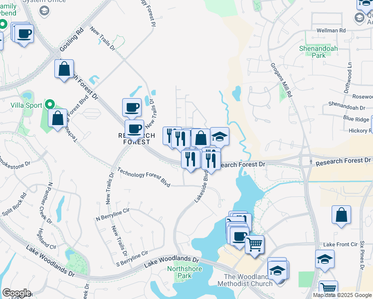 map of restaurants, bars, coffee shops, grocery stores, and more near Research Park Drive in The Woodlands