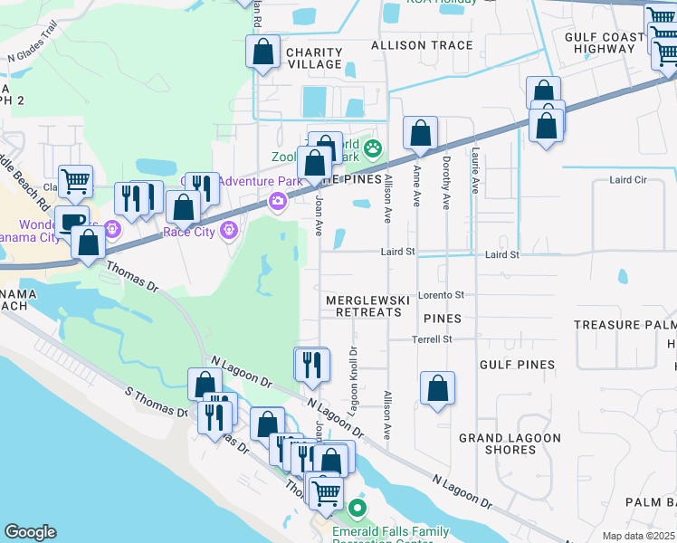 map of restaurants, bars, coffee shops, grocery stores, and more near 9015-9025 Laird Street in Panama City