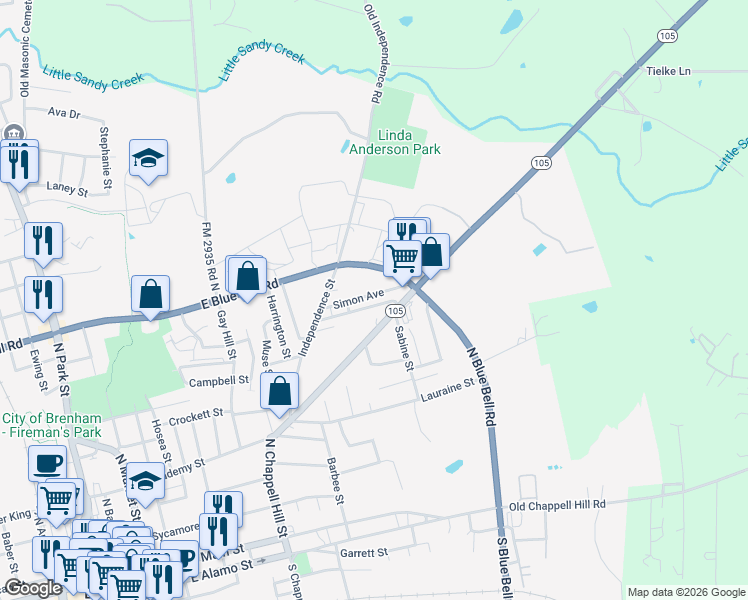 map of restaurants, bars, coffee shops, grocery stores, and more near 1503 Simon Avenue in Brenham
