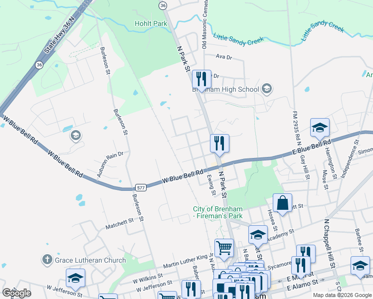 map of restaurants, bars, coffee shops, grocery stores, and more near 1307 Higgins Street in Brenham