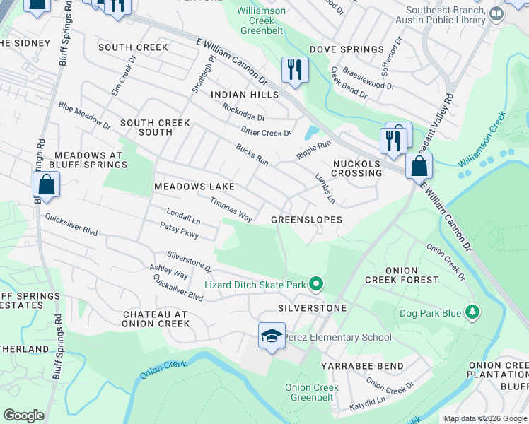 map of restaurants, bars, coffee shops, grocery stores, and more near 4613 Blue Meadow Drive in Austin