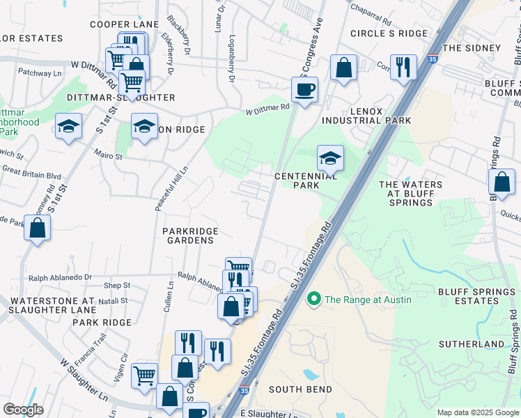 map of restaurants, bars, coffee shops, grocery stores, and more near 7900 South Congress Avenue in Austin