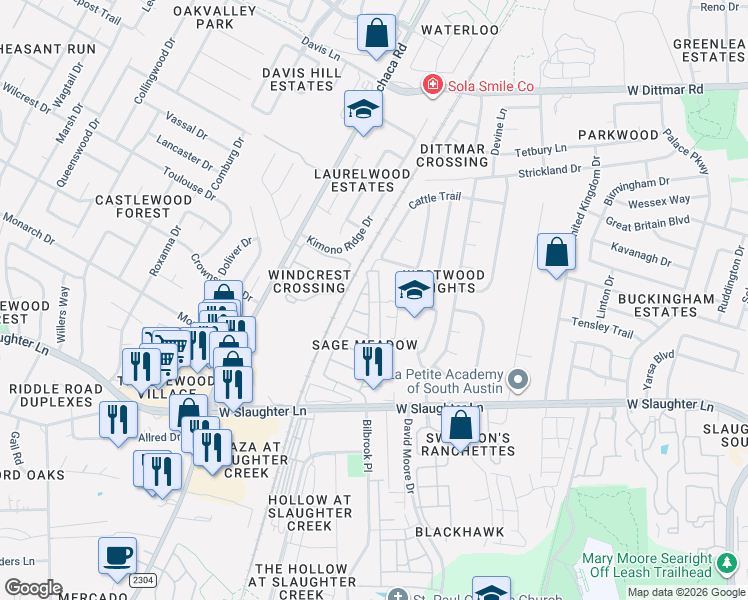 map of restaurants, bars, coffee shops, grocery stores, and more near 9109 Sweetgum Drive in Austin
