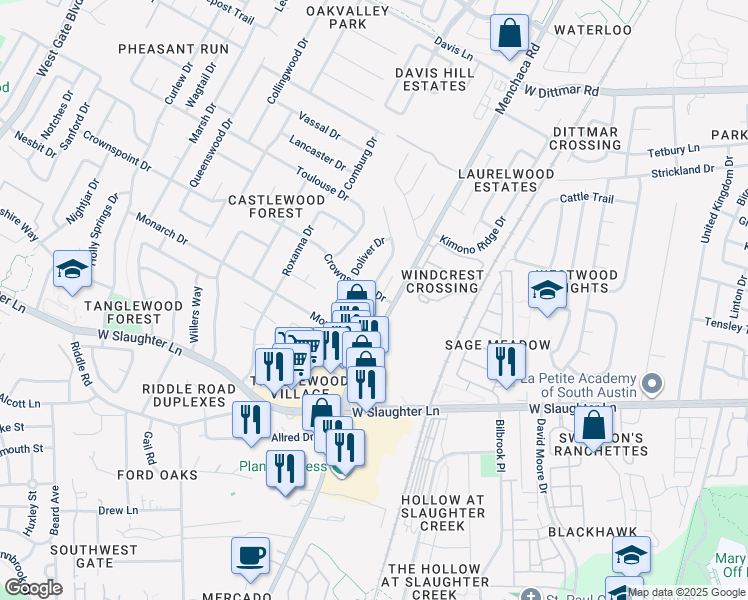 map of restaurants, bars, coffee shops, grocery stores, and more near 9406 Kempler Drive in Austin