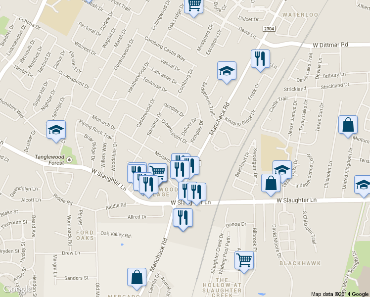 map of restaurants, bars, coffee shops, grocery stores, and more near 9406 Kempler Drive in Austin