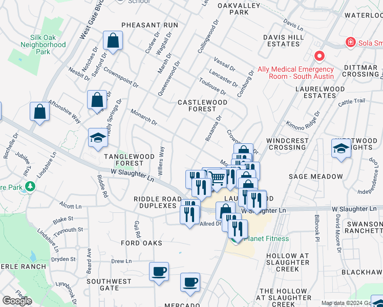 map of restaurants, bars, coffee shops, grocery stores, and more near 2306 Monarch Drive in Austin