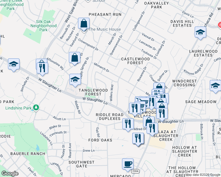 map of restaurants, bars, coffee shops, grocery stores, and more near 9703 Willers Way in Austin