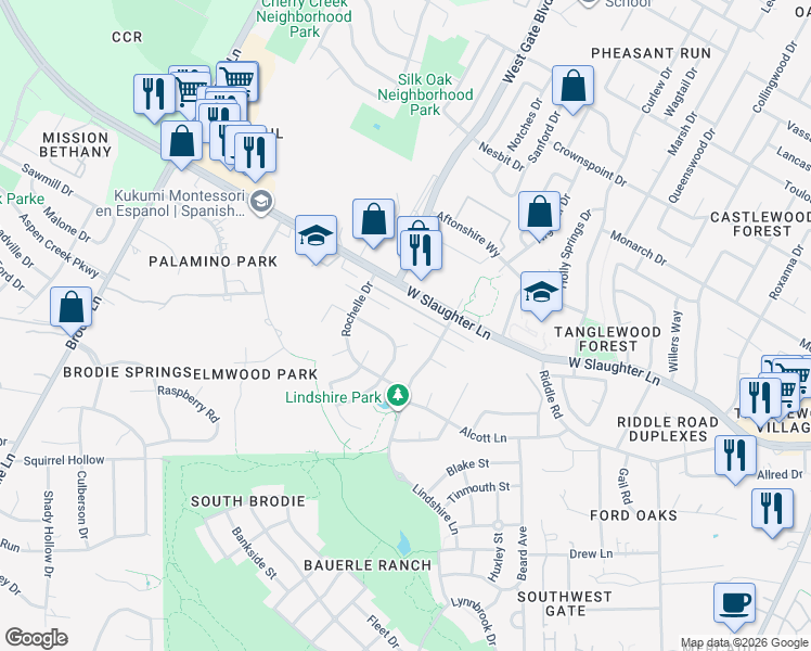 map of restaurants, bars, coffee shops, grocery stores, and more near 3003 West Slaughter Lane in Austin