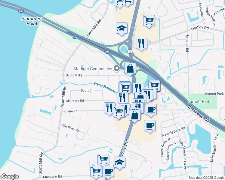 map of restaurants, bars, coffee shops, grocery stores, and more near 10829 Cheatham Trail in Jacksonville